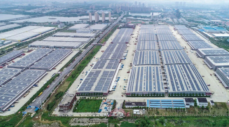 Warehouses with solar panel rooftops in Mainland China