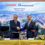 Sunway Group founder and chairman Jeffrey Cheah (2nd left) and Hongkong Land CEO Michael Smith (2nd right) seem please with the deal (Image: Hongkong Land)